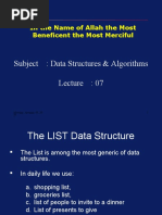 Subject: Data Structures & Algorithms: in The Name of Allah The Most Beneficent The Most Merciful