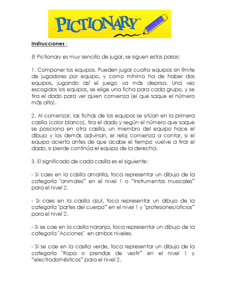Instrucciones PICTIONARY | PDF | Juego de azar | Ocio, image size:768x1024