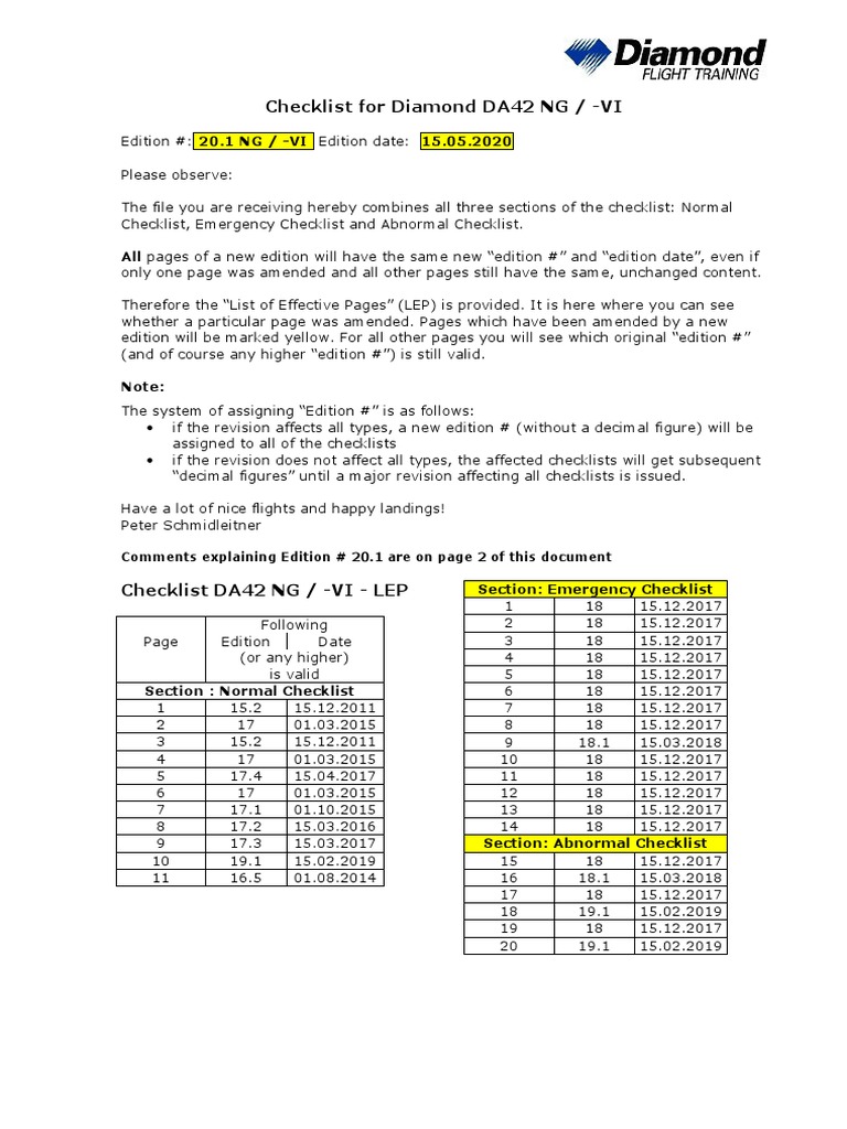 DA42 NG/VI Comprehensive Checklist | PDF | Aircraft Flight Control ...