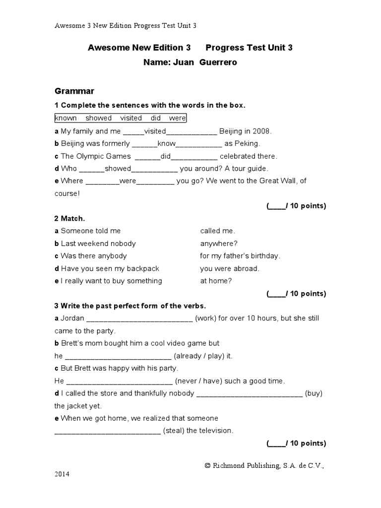 Awesome New Edition 3 Progress Test Unit 3 Name: Juan Guerrero | PDF ...