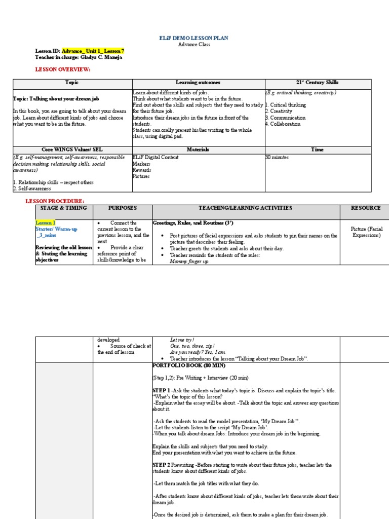 Dream Job Lesson Plan for Students | PDF | Teachers | Education Theory