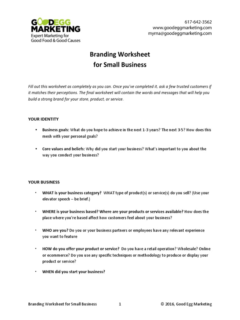 Branding Worksheet For Small Businesses PDF Brand Retail