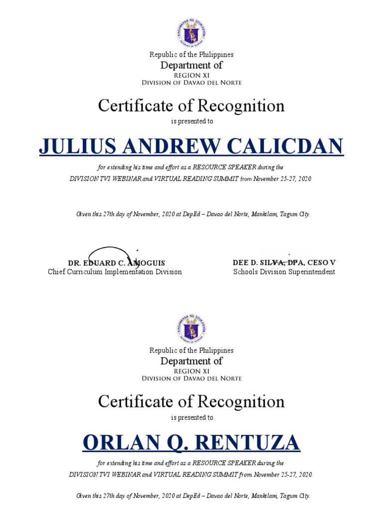 Certificate of Recognition: Julius Andrew Calicdan | Download Free PDF ...