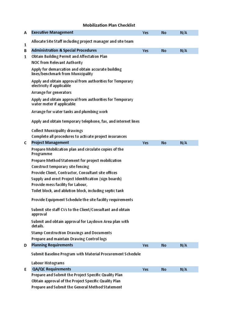 Mobilization Plan Template 1 PDF Business