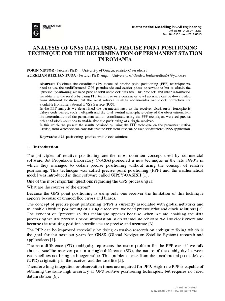 Analysis of Gnss Data Using Precise Point Positioning Technique For The ...