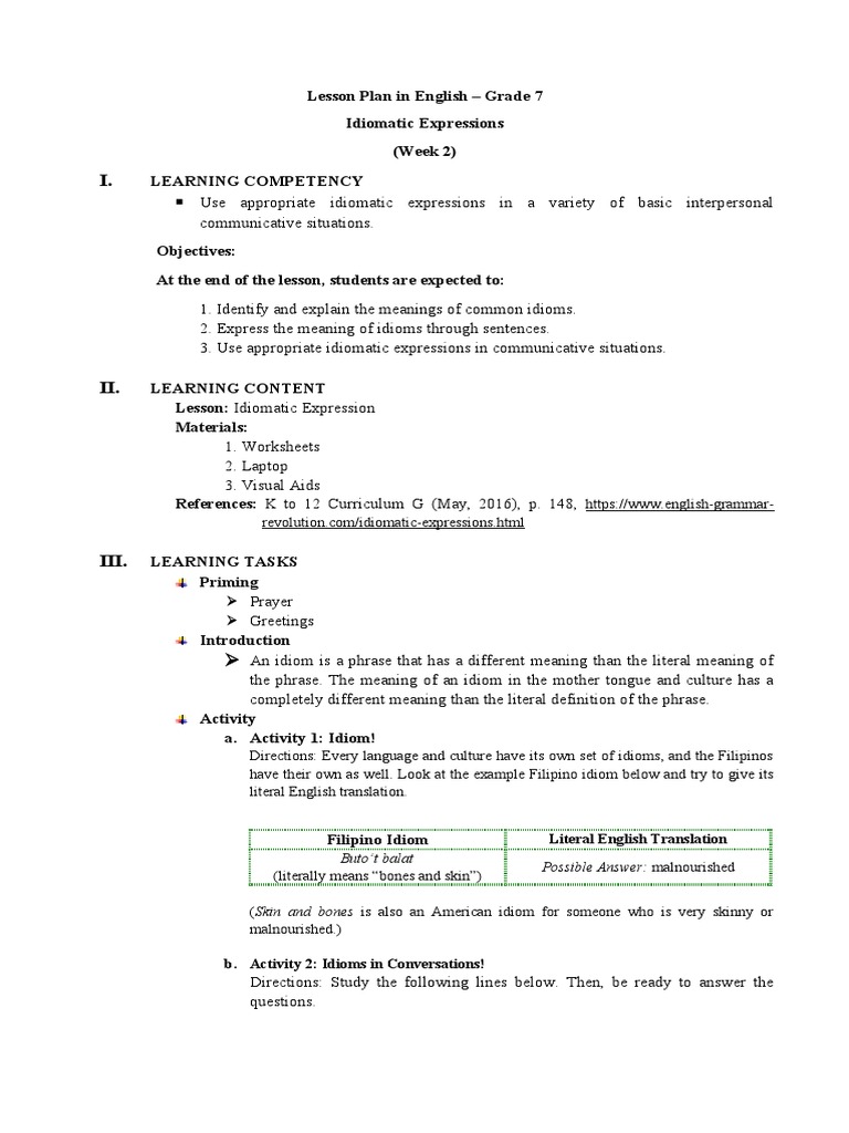 Grade 7 Lesson Plan: Idiomatic Expressions | PDF | Idiom | Lesson Plan