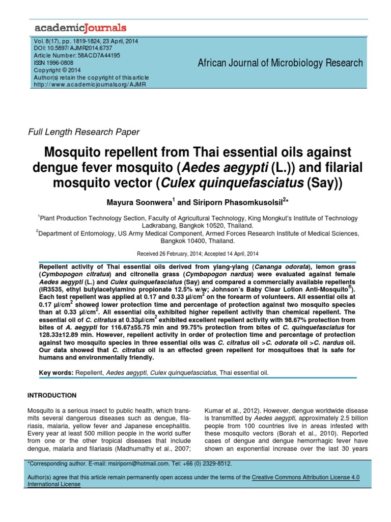Mosquito Repellent From Thai Essential Oils Against Dengue Fever