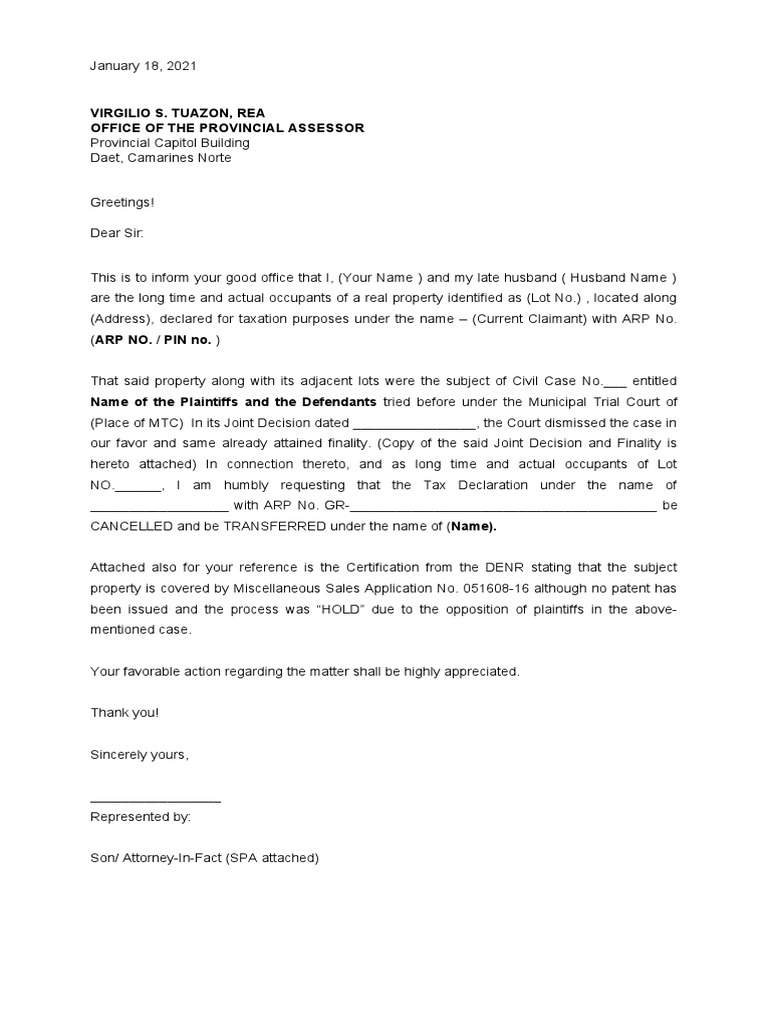 Request Letter To Assessors Office To Cancel The Tax Declaration PDF