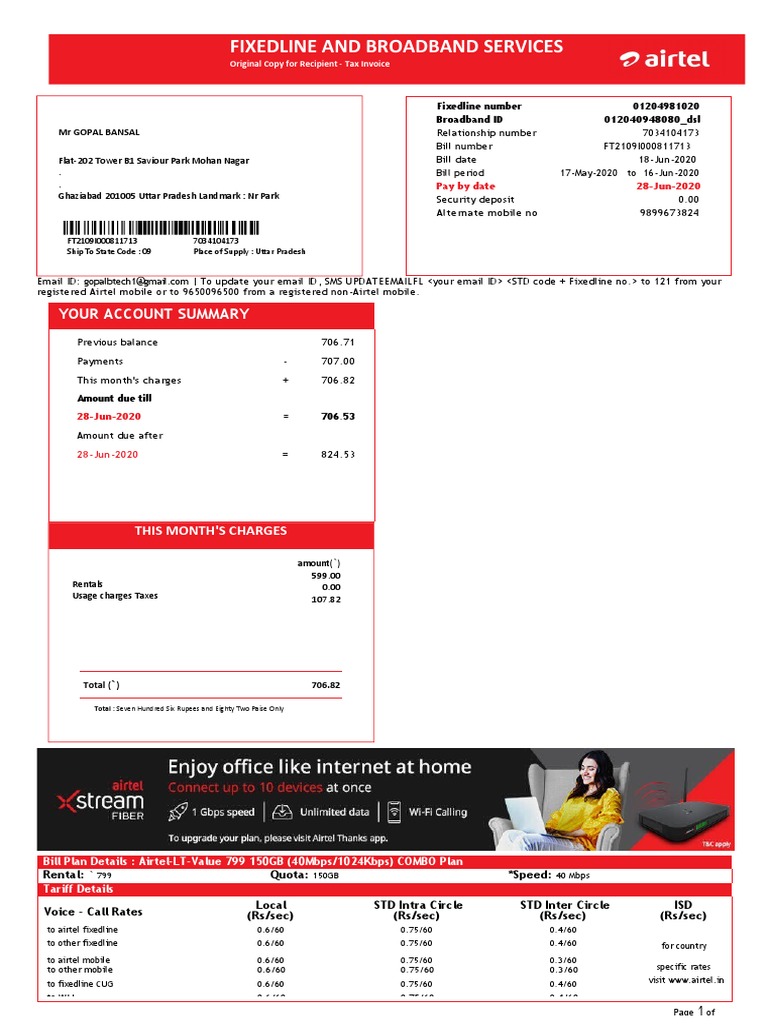 Airtel June 2020 Bill Summary | PDF | Credit Card | Cheque