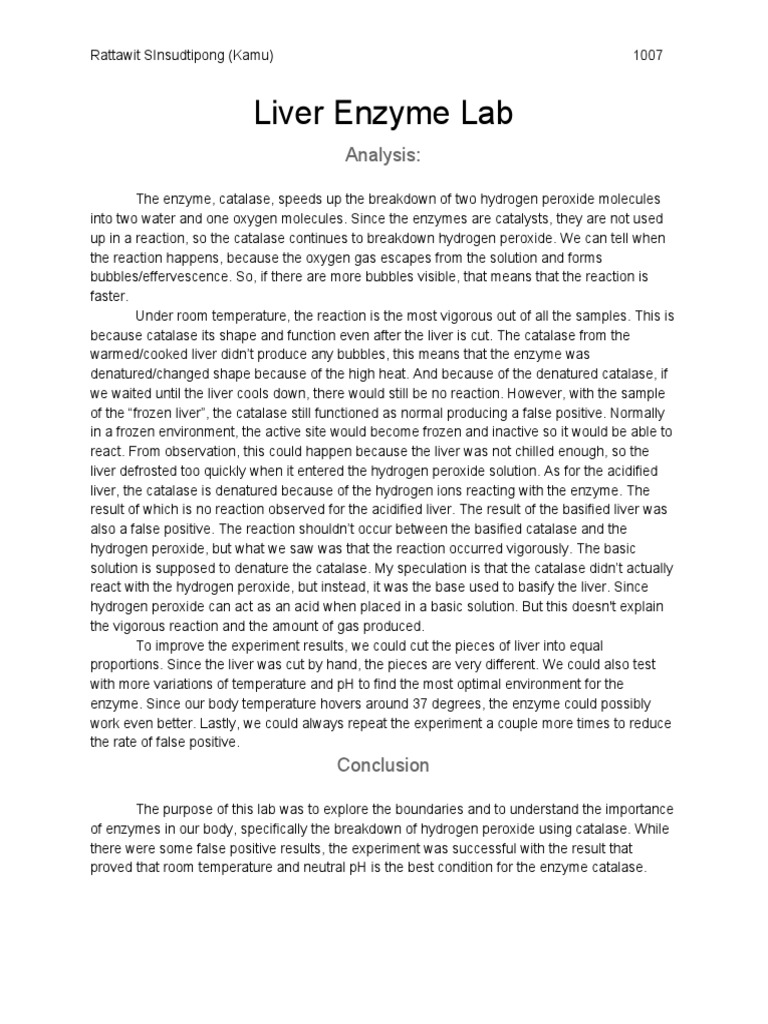 Biology Liver Enzyme Lab Analysis PDF Catalase Enzyme