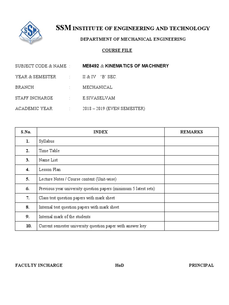 Kinematics of Machinery Course File | PDF