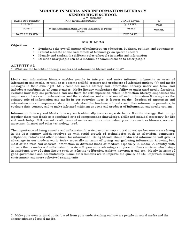 Module in Media and Information Literacy Module 2.3 PDF Information