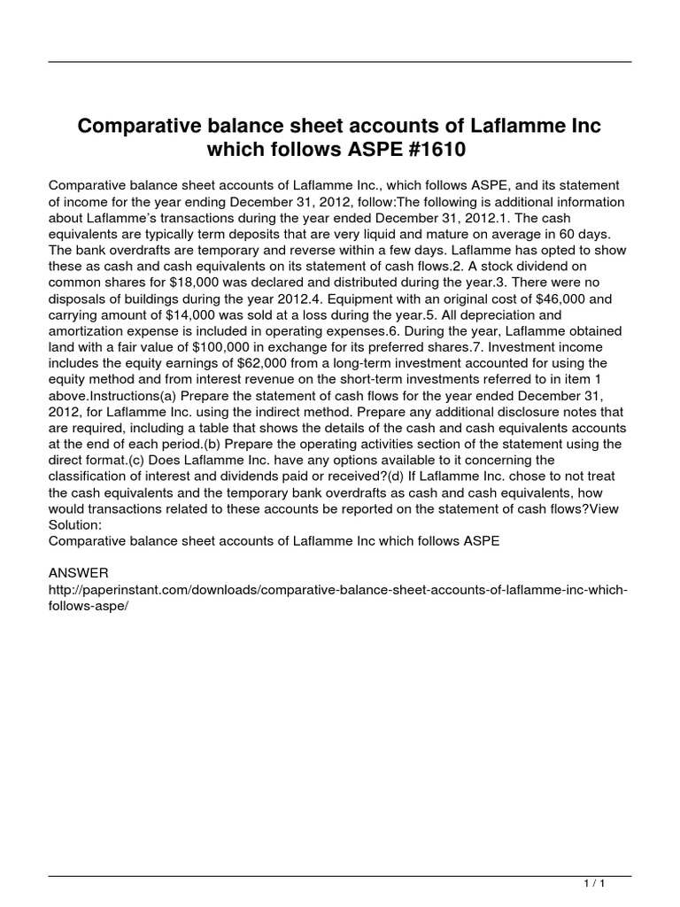 Comparative Balance Sheet Accounts of Laflamme Inc Which Follows Aspe