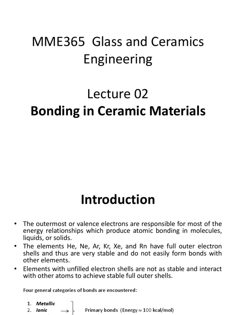 MME365 Glass and Ceramics Engineering Bonding in Ceramic Materials PDF Ionic Bonding