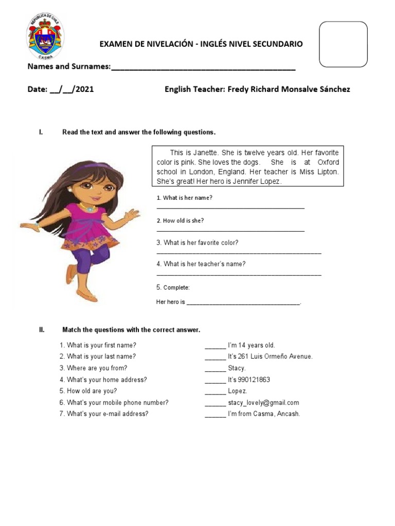 Examen de Ingles RCH 4to Grado Sec | PDF | Language Arts & Discipline ...