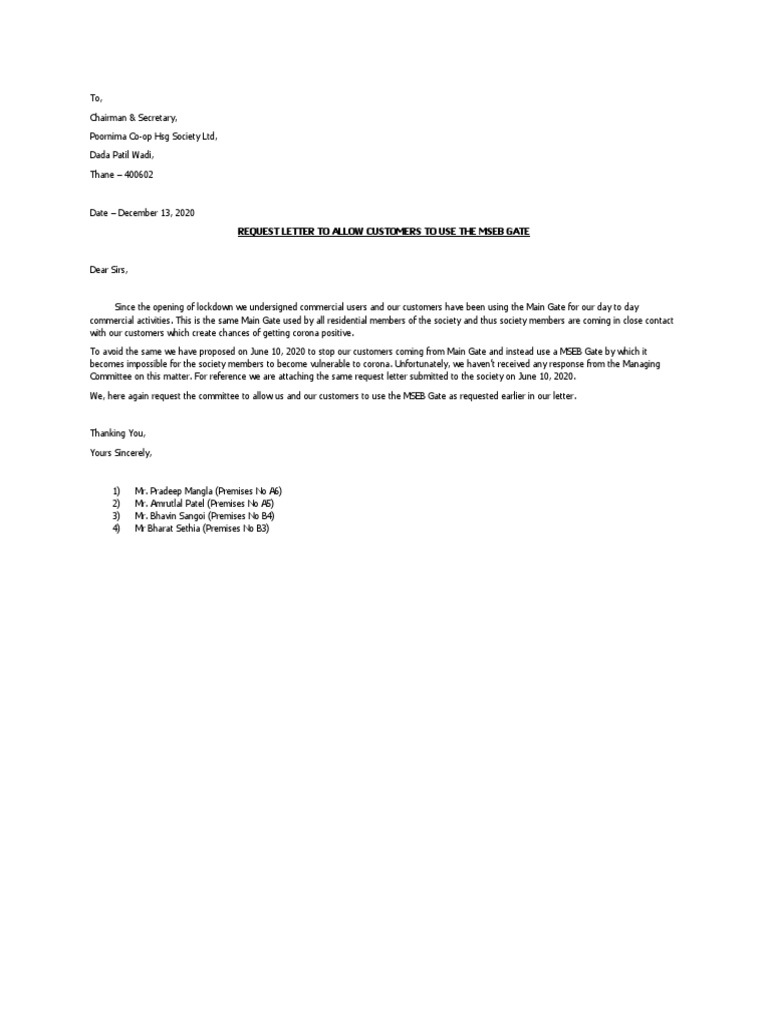 Request Letter To Allow Customers To Use The Mseb Gate | PDF