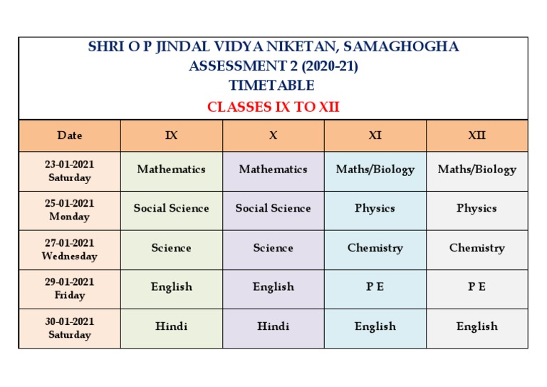 Assessment 2 Timetable PDF | PDF