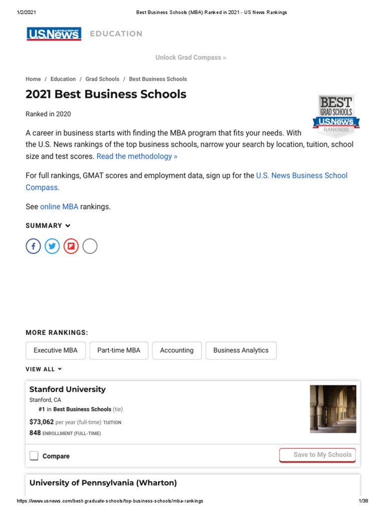 Best Business Schools (MBA) Ranked in 2021 - US News Rankings | PDF ...