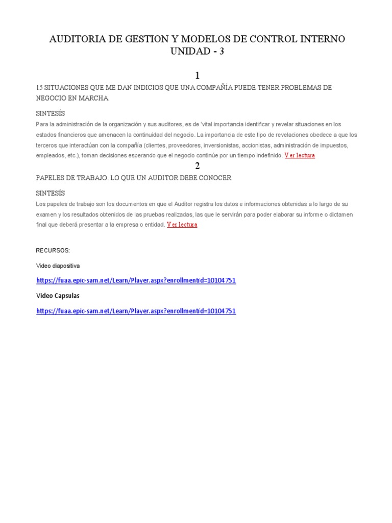 Auditoria de Gestion y Modelos de Control Interno U-3 | PDF
