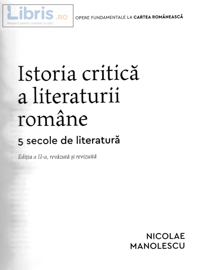 Istoria Critica A Literaturii Romane Nicolae Manolescu | PDF