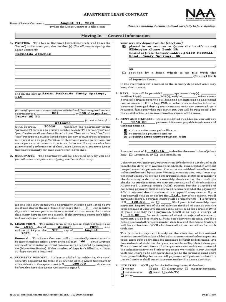 Apartment Lease Contract This Is A Binding Document. Read Carefully