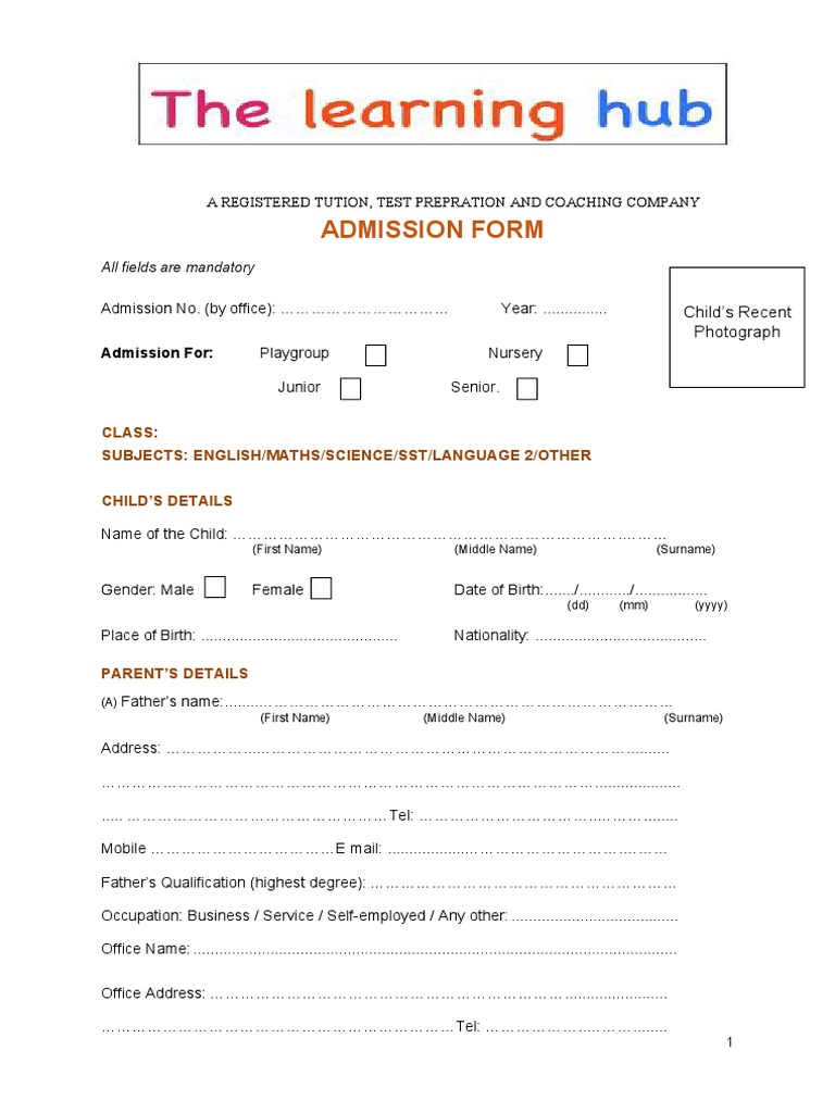 Learning Hub Admission Form Details | PDF