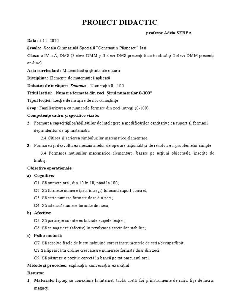 Proiect Didactic Elemente de Matematica Aplicata | PDF