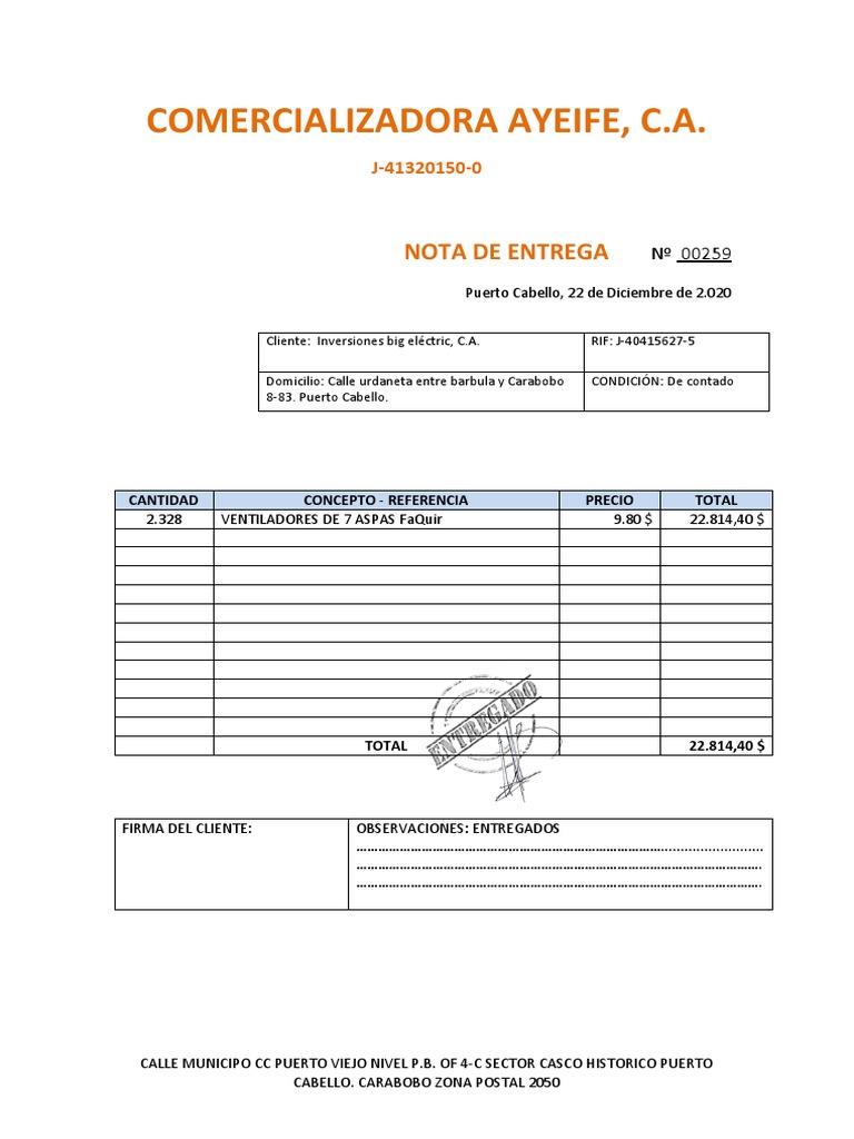 Modelo Nota De Entrega Word Pdf