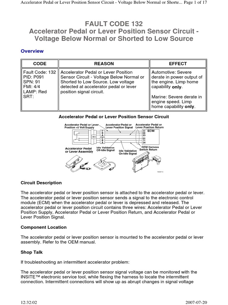 Fault Code 132 Accelerator Pedal or Lever Position Sensor Circuit