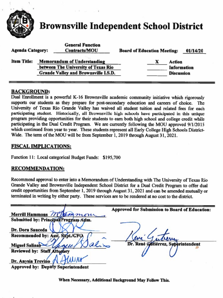 MOU for UTRGV Dual Credit Program | PDF | Course Credit | Schools