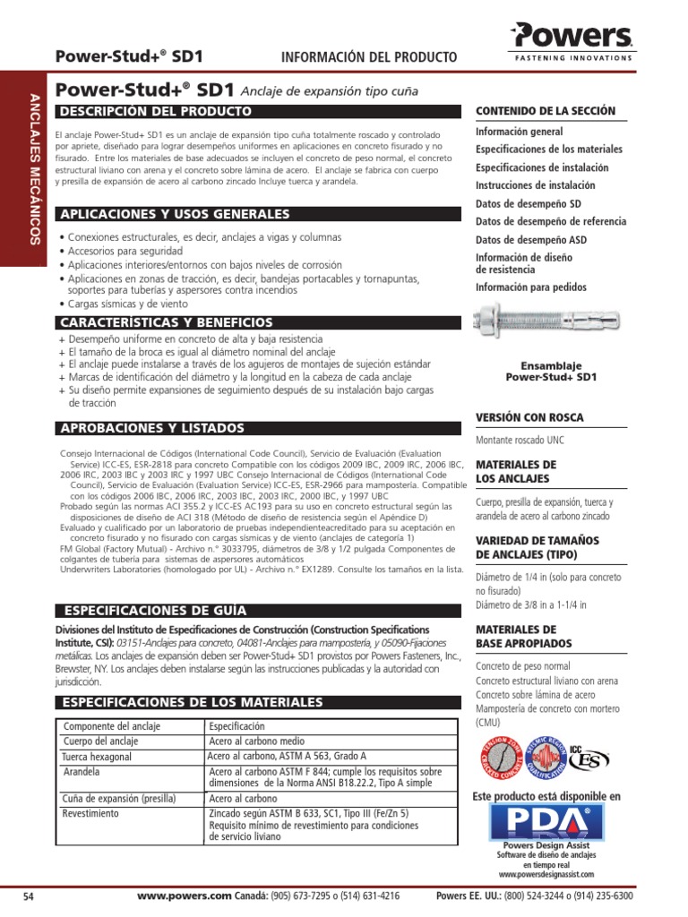 Ficha Tecnica POWER STUD SD1 PDF Hormigón Acero