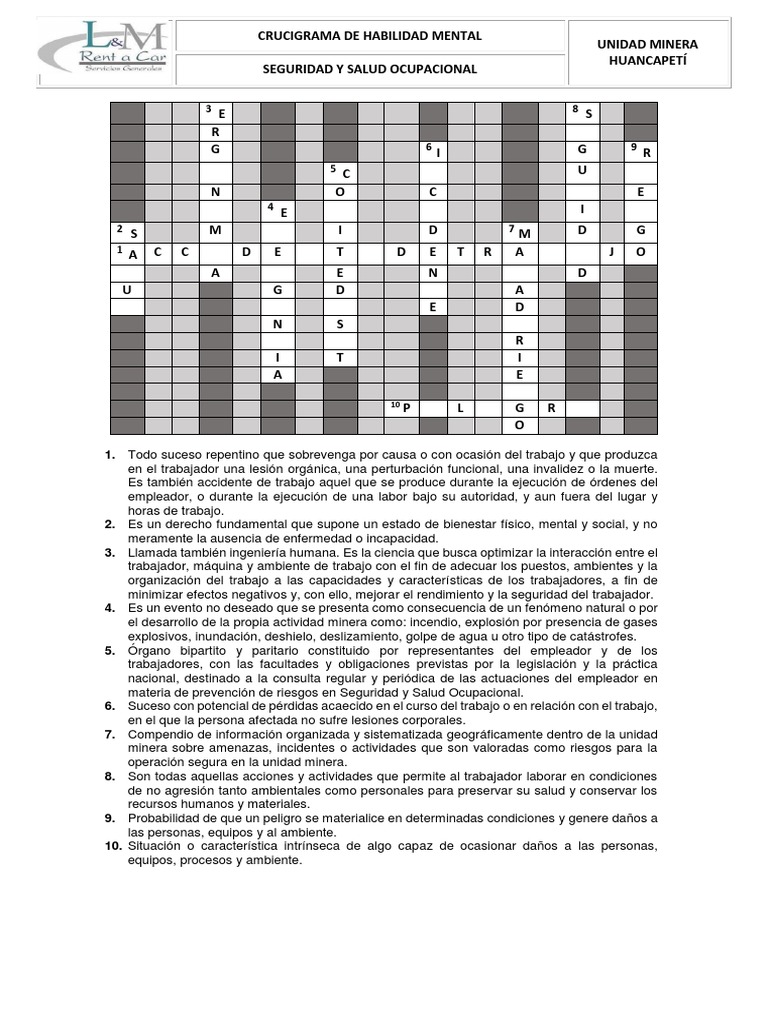 Crucigrama Sso PDF Seguridad y salud ocupacional Labor