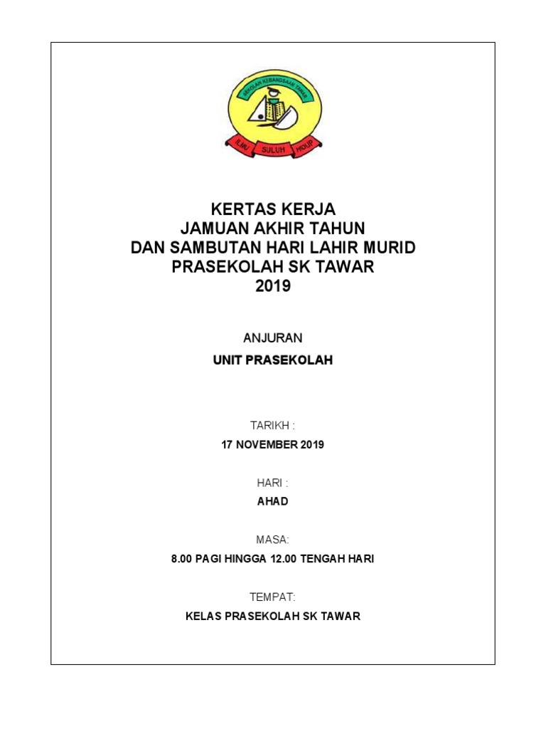 Kertas Kerja Jamuan Akhir Tahun Prasekolah 2019 Pdf