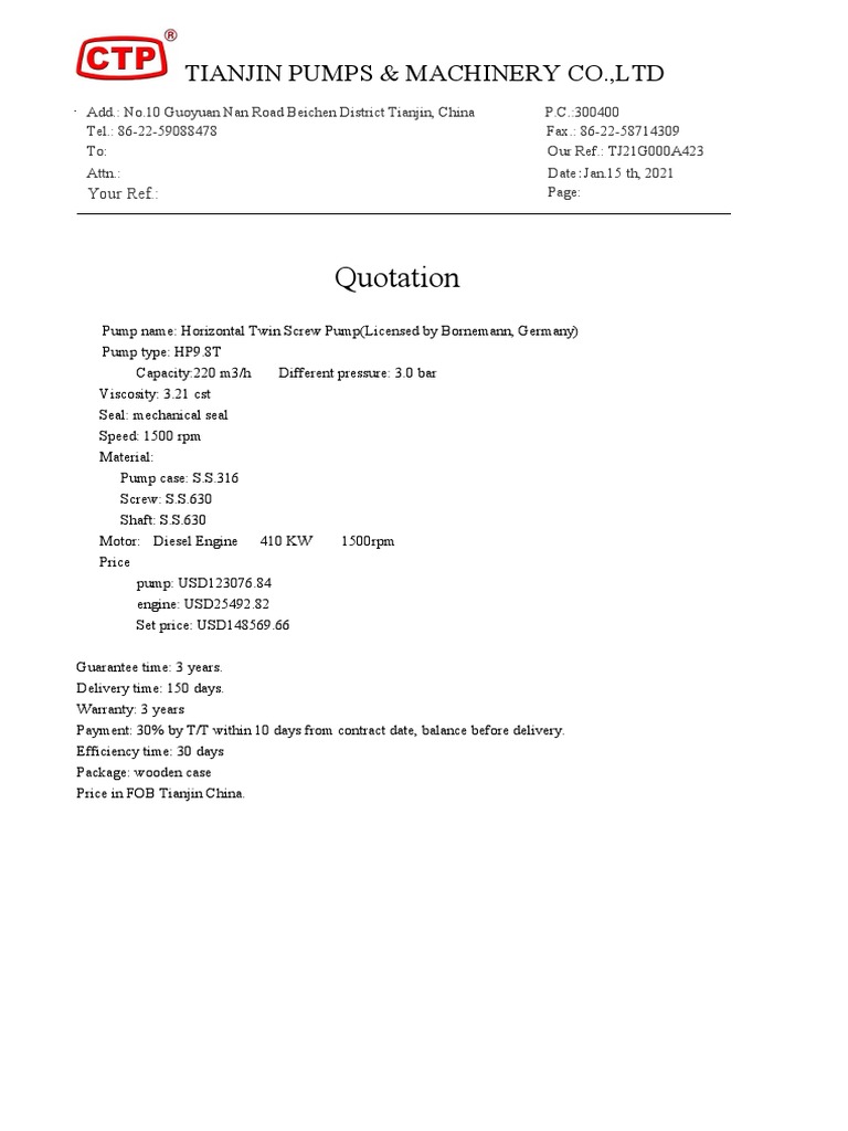 Quotation for Horizontal Twin Screw Pump | PDF