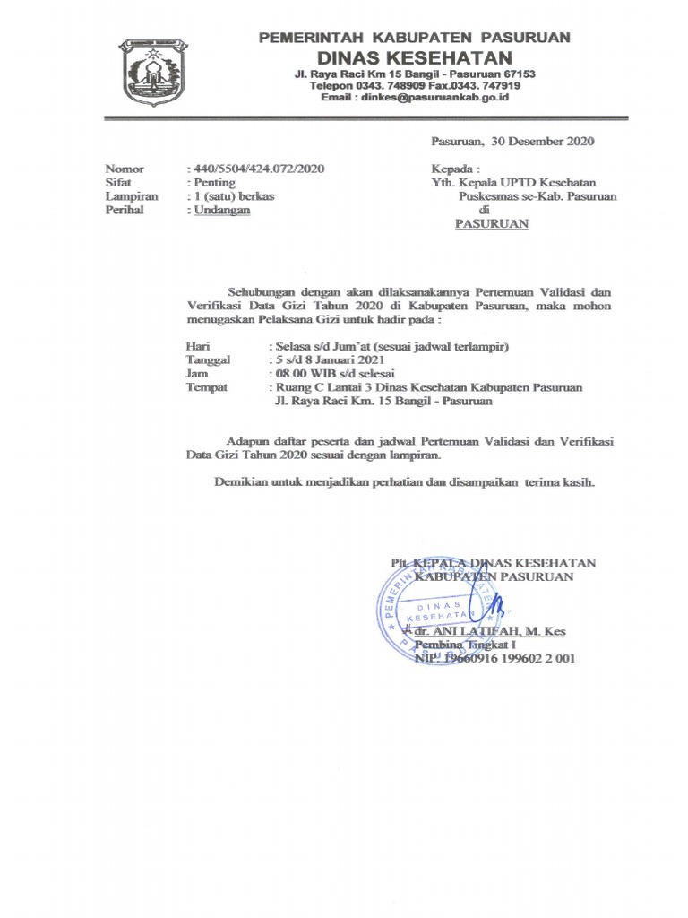 Undangan Validasi & Verifikasi Data Gizi 2020 | PDF
