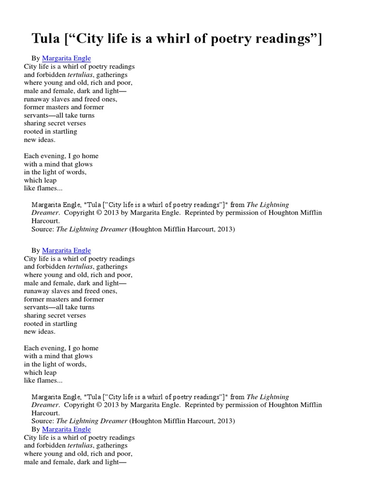 Tula ("City Life Is A Whirl of Poetry Readings") Margarita Engle