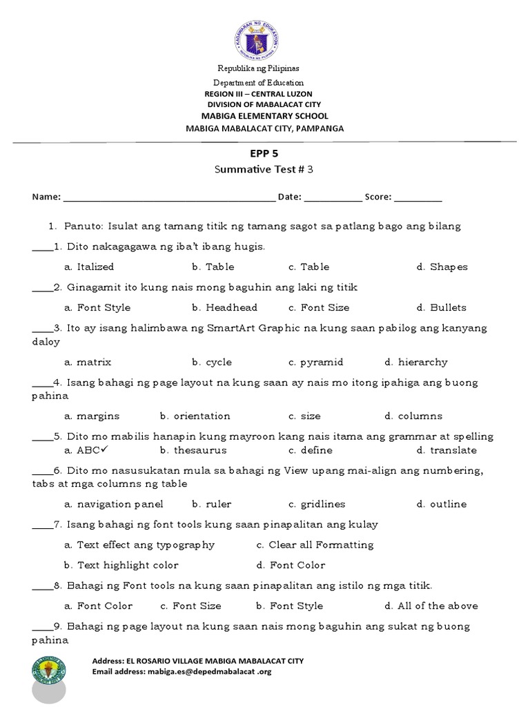 Epp Esp 5 Summative Test No. 3 | PDF