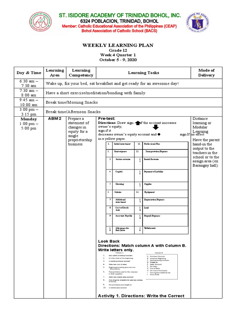 St. Isidore Academy of Trinidad Bohol, Inc. Weekly Learning Plan PDF