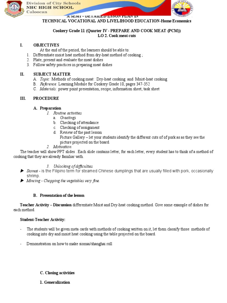 Dry and Moist Heat Method PDF Cooking Lesson Plan