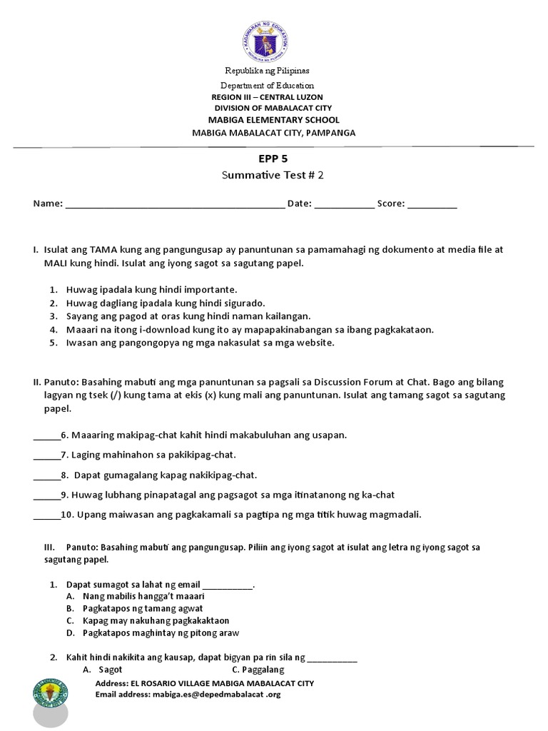 Epp Esp 5 Summative Test No. 2 | PDF
