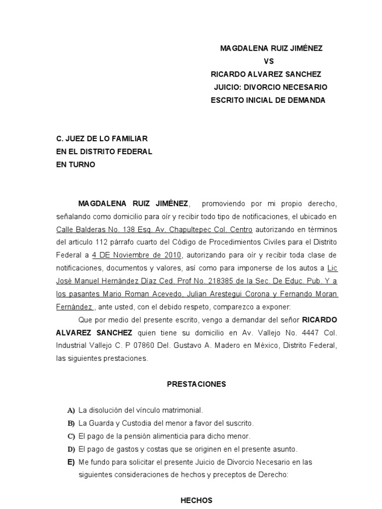 DEMANDA DE DIVORCIO NECESARIO CON HIJOS