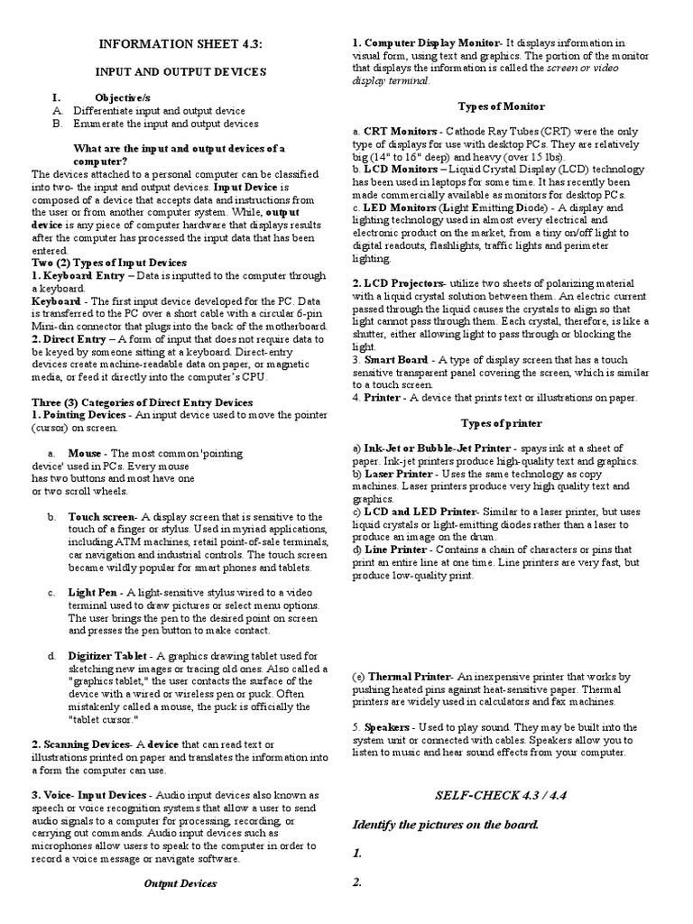 Input and Output Devices Overview | PDF | Computer Monitor | Floppy Disk