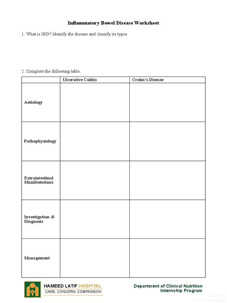 IBD Worksheet PDF | PDF | Inflammatory Bowel Disease | Crohn's Disease
