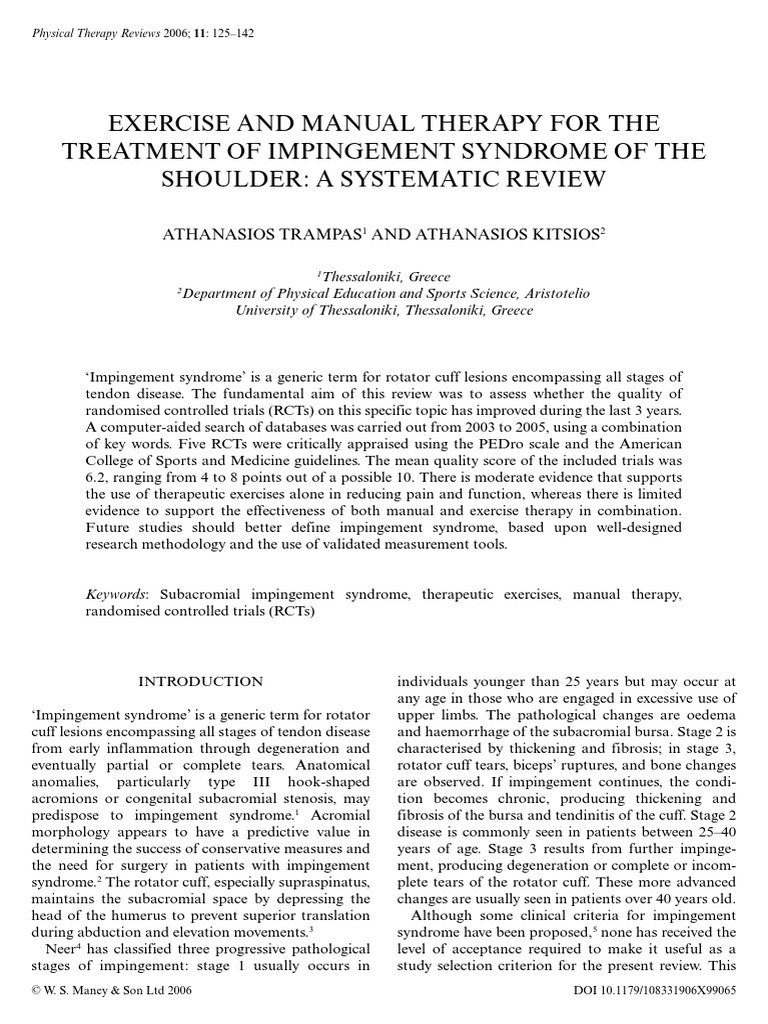 Exercise and Manual Therapy For The Treatment of Impingement Syndrome of The Shoulder A
