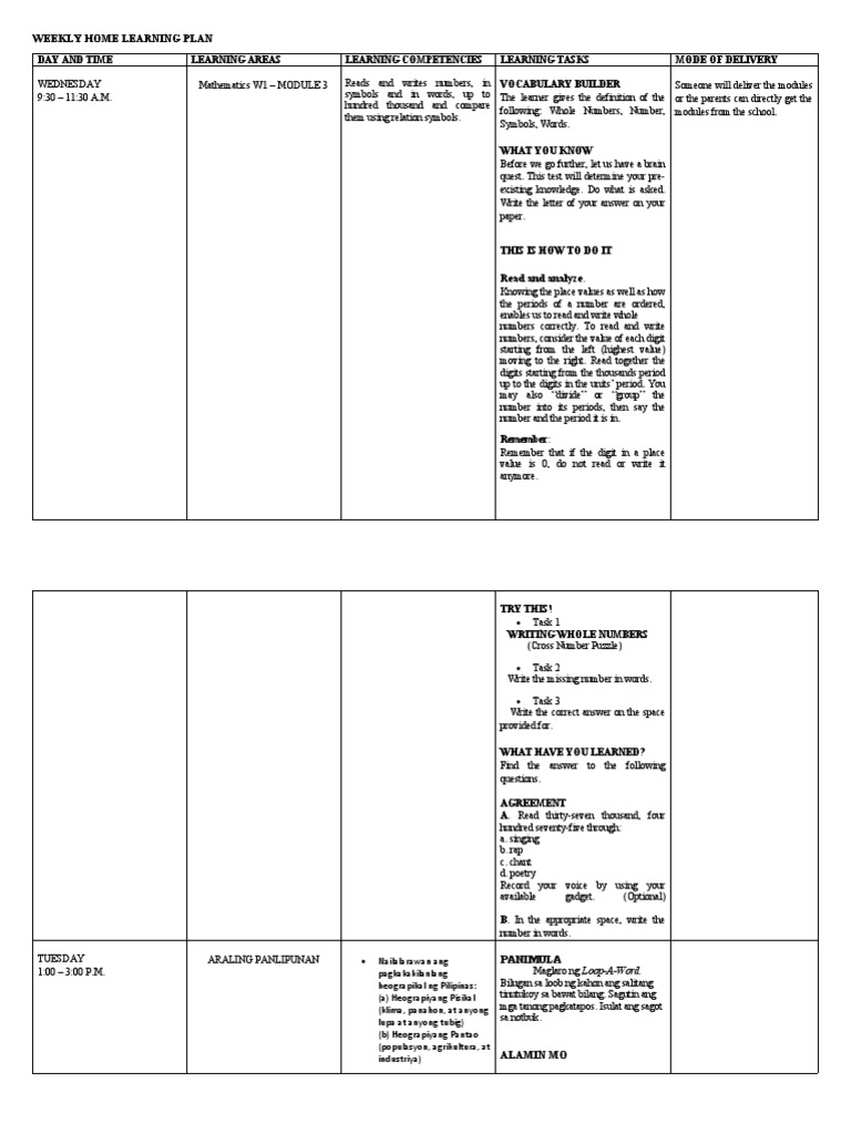 Nelia Abellano - Week 3 - Weekly Home Learning Plan | PDF | Vocabulary ...
