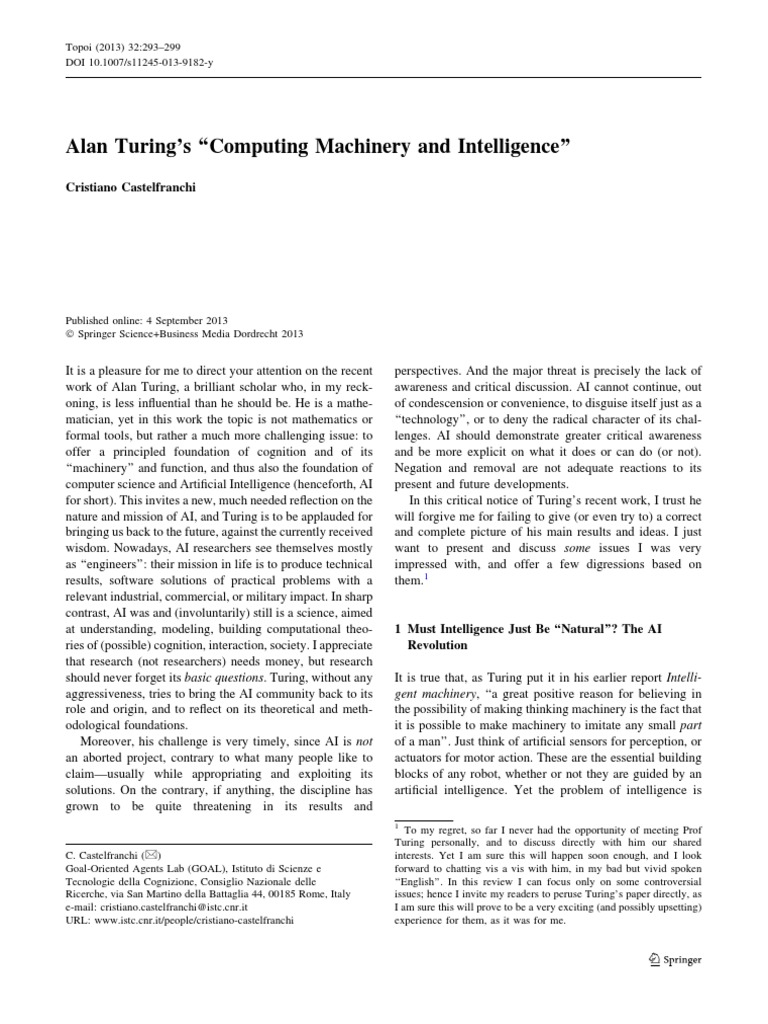 Turing's Computing Machinery and Intelligence PDF Artificial Intelligence Intelligence (AI