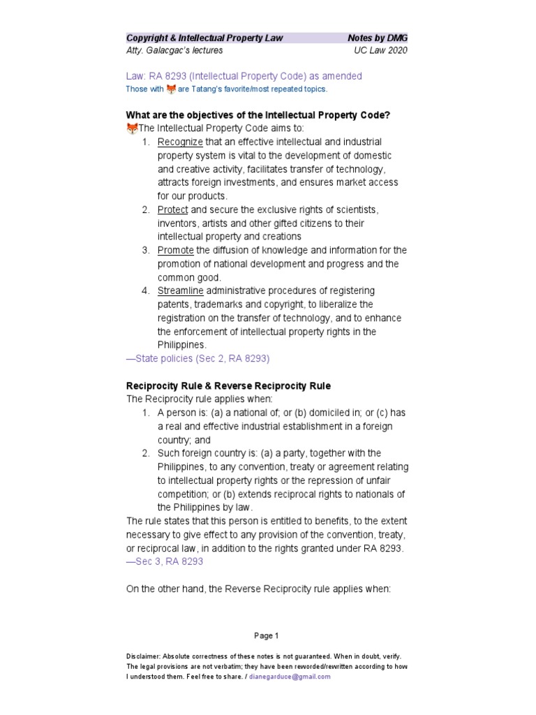 Notes On Copyright and Intellectual Property Law (Philippines) PDF
