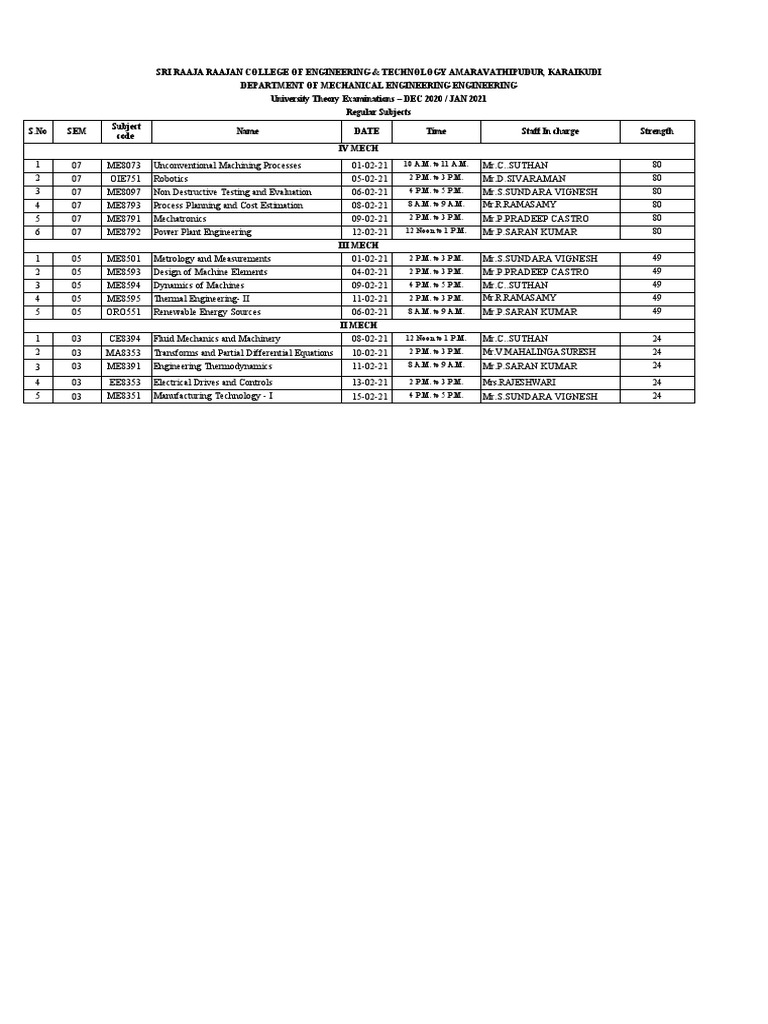 Mechanical Engineering Exam Schedule 2021 | PDF | Machines | Engineering