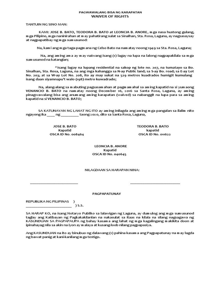 WAIVER OF RIGHTS Property (TAGALOG) PDF