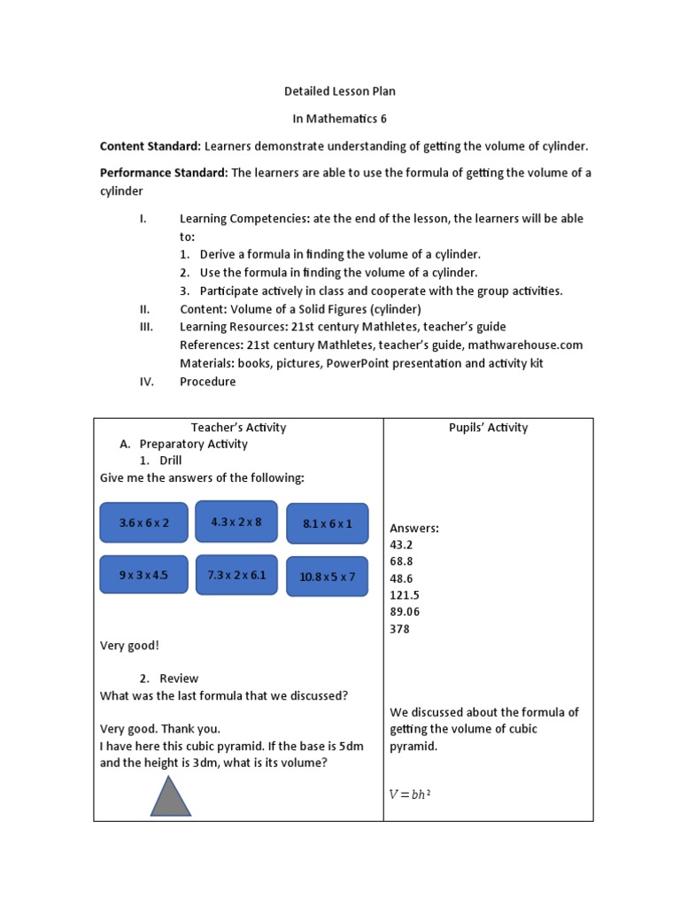 Volume of Cylinder Lesson Plan | PDF | Volume | Area